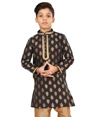 Boy's Black Color Jacquard Silk Kurta Churidar Set 6