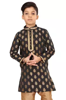 Boy's Black Color Jacquard Silk Kurta Churidar Set