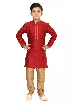 Boy's Red Color Blackberry Kurta Churidar Set