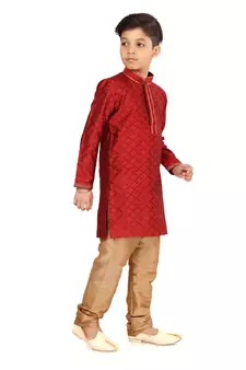 Boy's Red Color Blackberry Kurta Churidar Set