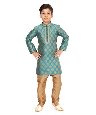 Boy's Teal Blue Color Jacquard Silk Kurta Churidar Set 2