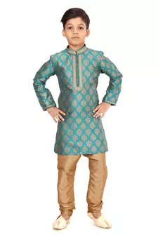 Boy's Teal Blue Color Jacquard Silk Kurta Churidar Set