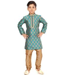 Boy's Teal Blue Color Jacquard Silk Kurta Churidar Set