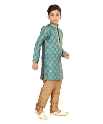 Boy's Teal Blue Color Jacquard Silk Kurta Churidar Set 3