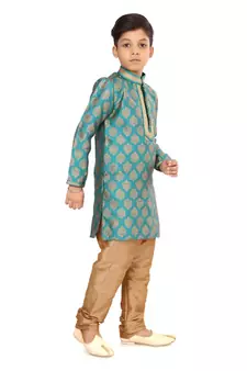 Boy's Teal Blue Color Jacquard Silk Kurta Churidar Set
