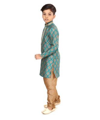 Boy's Teal Blue Color Jacquard Silk Kurta Churidar Set 4