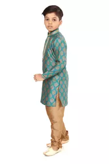 Boy's Teal Blue Color Jacquard Silk Kurta Churidar Set