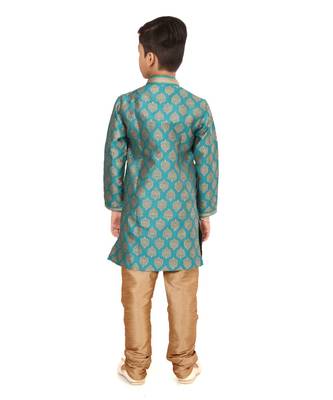 Boy's Teal Blue Color Jacquard Silk Kurta Churidar Set 5