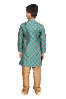 Boy's Teal Blue Color Jacquard Silk Kurta Churidar Set