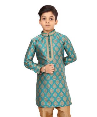Boy's Teal Blue Color Jacquard Silk Kurta Churidar Set 6