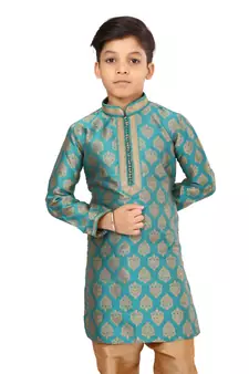 Boy's Teal Blue Color Jacquard Silk Kurta Churidar Set