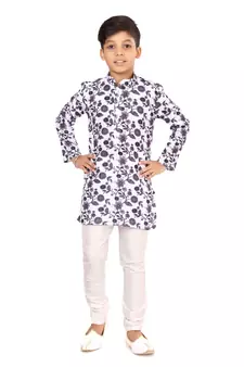 Boy's Off White Cotton Printed Kurta Churidar