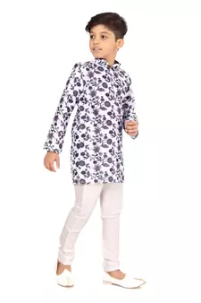 Boy's Off White Cotton Printed Kurta Churidar