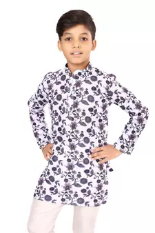 Boy's Off White Cotton Printed Kurta Churidar