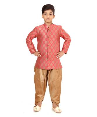 Boy's Peach Jacquard Silk Kurta Dhoti Set 2