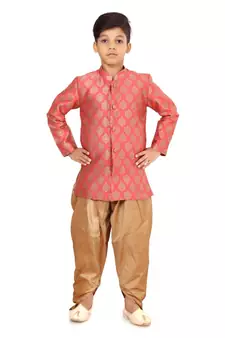 Boy's Peach Jacquard Silk Kurta Dhoti Set