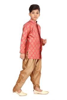Boy's Peach Jacquard Silk Kurta Dhoti Set