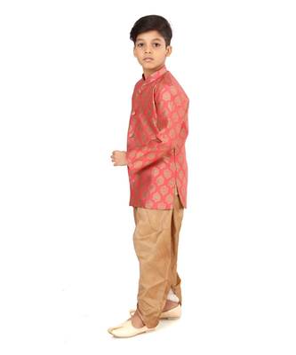 Boy's Peach Jacquard Silk Kurta Dhoti Set 3