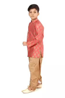 Boy's Peach Jacquard Silk Kurta Dhoti Set