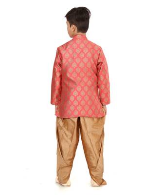 Boy's Peach Jacquard Silk Kurta Dhoti Set 4
