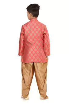Boy's Peach Jacquard Silk Kurta Dhoti Set