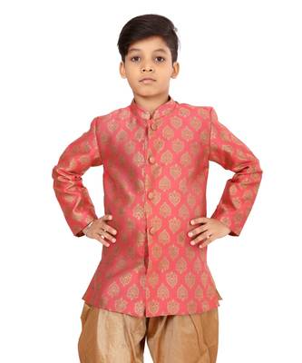 Boy's Peach Jacquard Silk Kurta Dhoti Set 5