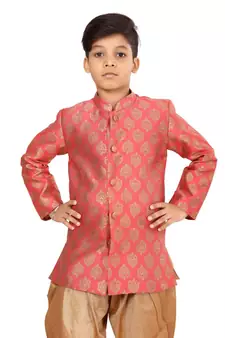 Boy's Peach Jacquard Silk Kurta Dhoti Set