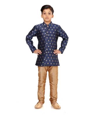 Boy's Blue Jacquard Silk Kurta Churidar Set 2
