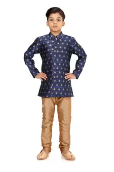 Boy's Blue Jacquard Silk Kurta Churidar Set