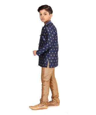 Boy's Blue Jacquard Silk Kurta Churidar Set 3
