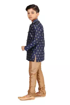 Boy's Blue Jacquard Silk Kurta Churidar Set