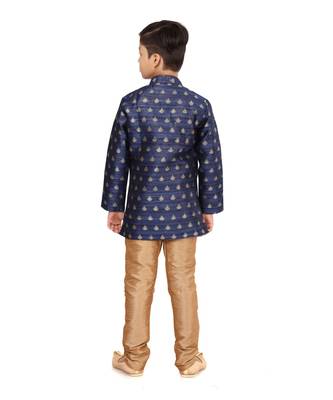Boy's Blue Jacquard Silk Kurta Churidar Set 4