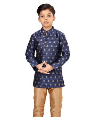 Boy's Blue Jacquard Silk Kurta Churidar Set 5