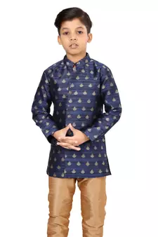 Boy's Blue Jacquard Silk Kurta Churidar Set