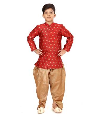 Boy's Red Jacquard Silk Kurta Dhoti Set 1