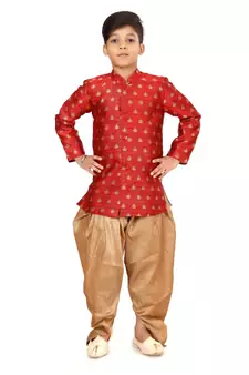 Boy's Red Jacquard Silk Kurta Dhoti Set