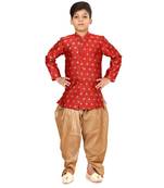 Boy's Red Jacquard Silk Kurta Dhoti Set