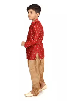 Boy's Red Jacquard Silk Kurta Dhoti Set