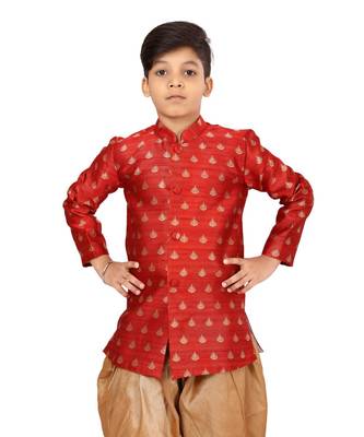 Boy's Red Jacquard Silk Kurta Dhoti Set 3