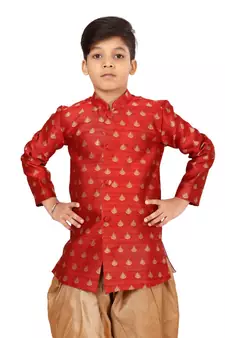 Boy's Red Jacquard Silk Kurta Dhoti Set