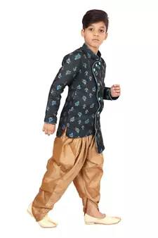 Boy's Black Jacquard Silk Kurta Dhoti Set