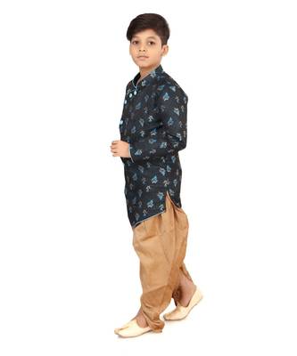 Boy's Black Jacquard Silk Kurta Dhoti Set 4