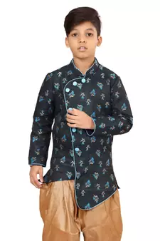 Boy's Black Jacquard Silk Kurta Dhoti Set