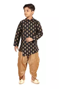 Boy's Black Jacquard Silk Kurta Dhoti Set