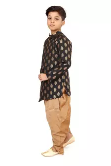 Boy's Black Jacquard Silk Kurta Dhoti Set