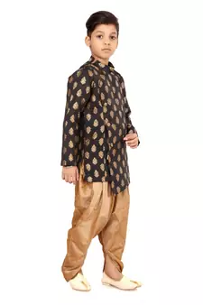 Boy's Black Jacquard Silk Kurta Dhoti Set