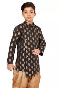 Boy's Black Jacquard Silk Kurta Dhoti Set