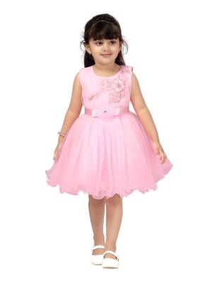 Pink embroidered net kids-frocks 1