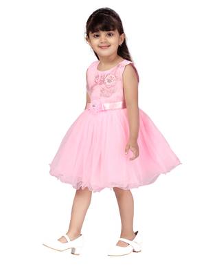 Pink embroidered net kids-frocks 3