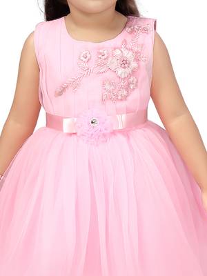 Pink embroidered net kids-frocks 5